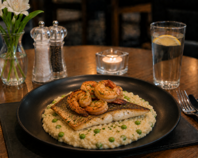 Grilled Sea Bass & King Prawn Risotto